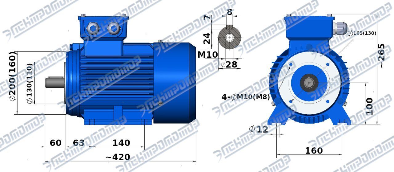 Чертеж 5,5 кВт АИР100L2, 3000 об/мин IM3681-2181(малый фланец, лапы+малый фланец) торговой марки ЭЛЕКТРОМОТОР