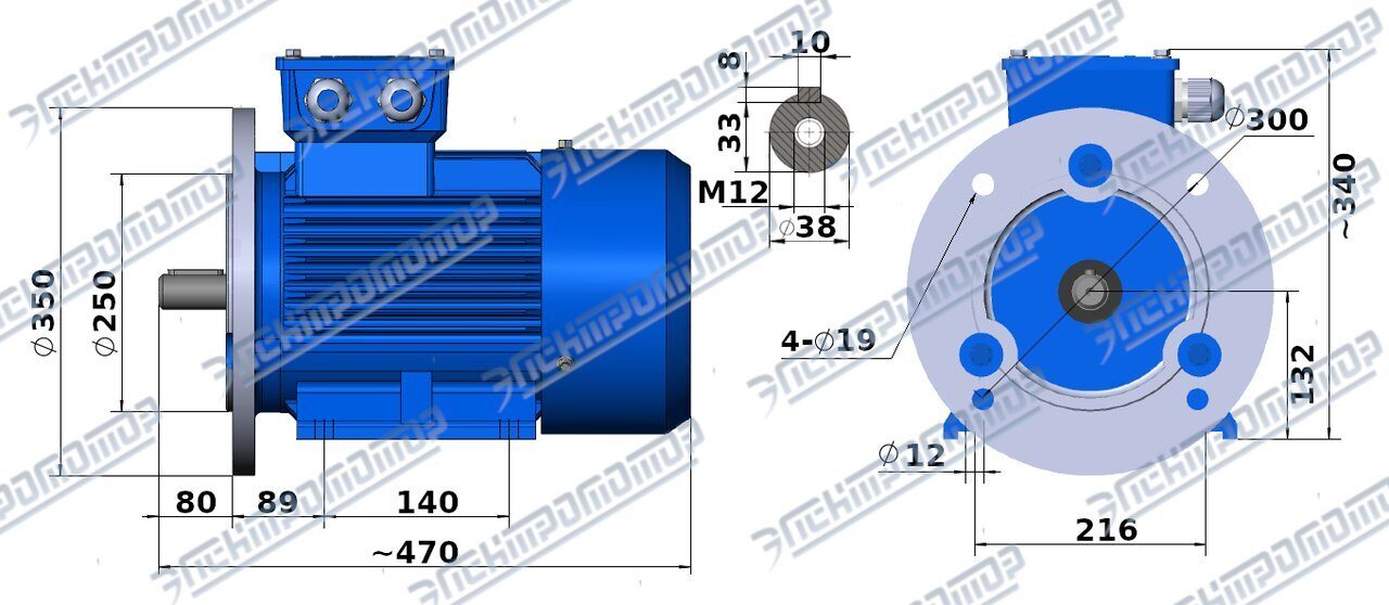 Чертеж 4 кВт АИР132S8, 750 об/мин IM3081-2081(фланец,лапы+фланец) торговой марки ЭЛЕКТРОМОТОР