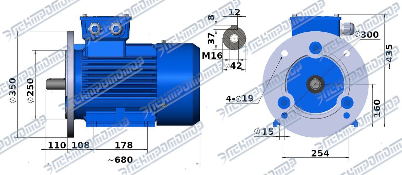 Чертеж 15 кВт АИР160S2, 3000 об/мин IM3081-2081(фланец,лапы+фланец) торговой марки ЭЛЕКТРОМОТОР