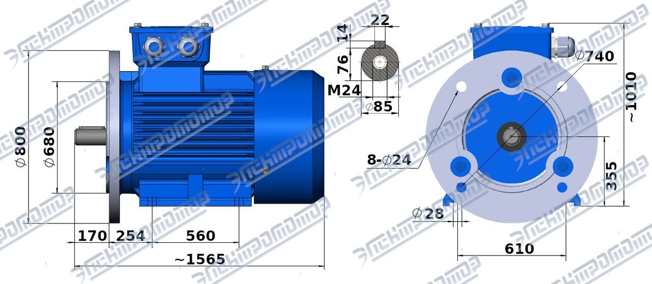 Чертеж 315 кВт АИР355М2, 3000 об/мин IM3081-2081(фланец,лапы+фланец) торговой марки ЭЛЕКТРОМОТОР